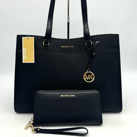 Michael Kors Large MF Pocket Shoulder Tote Bag & Continental Wallet Black/Gold